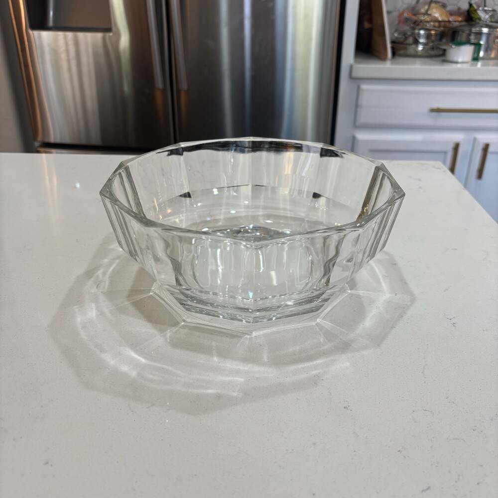 Vintage Clear Glass Decagon Faceted Serving Bowl, Made in Italy 9”